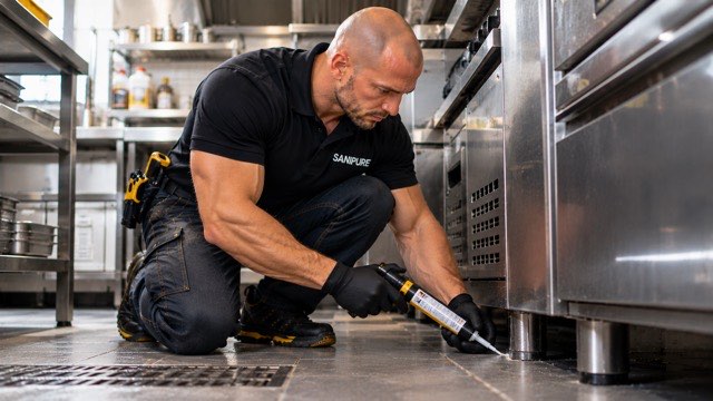 Technicien SANIPURE à genoux appliquant du gel au pied d’un meuble de cuisine professionnelle