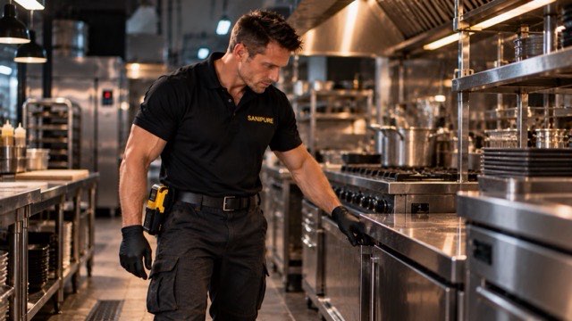 Technicien SANIPURE inspectant à la lampe le dessous des équipements d’une cuisine professionnelle