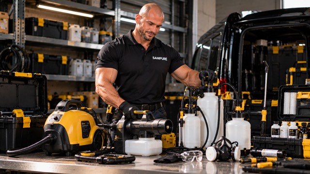 Technicien SANIPURE préparant pulvérisateurs, nébuliseur, générateur de vapeur et équipements de protection devant un utilitaire