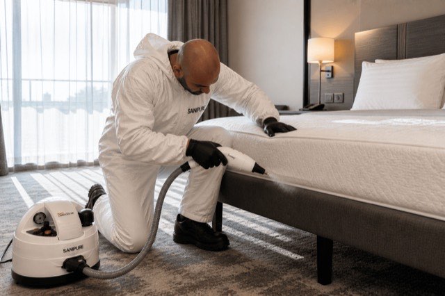 Technicien SANIPURE traitant un matelas à la vapeur sèche