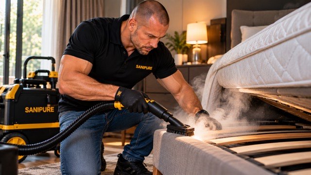 Technicien SANIPURE traitant un sommier à la vapeur sèche avec un générateur de vapeur